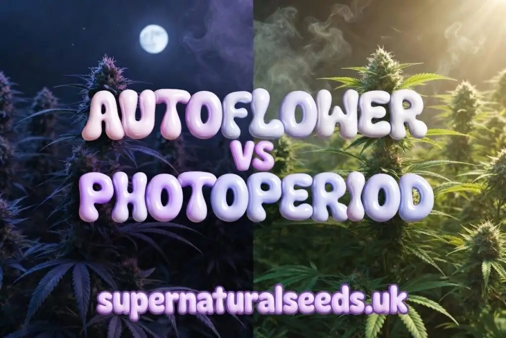 Autoflower vs Photoperiod: What’s the difference? Ultra-realistic split banner comparing autoflower cannabis (bright daytime theme) and photoperiod cannabis (dark night theme) with glossy 3D bubble text – Supernatural Seeds UK Shorter Alt Text (if you need it for social m