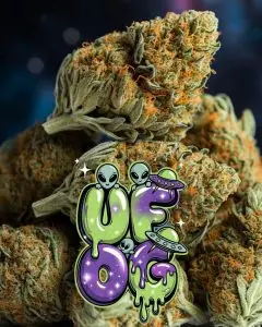 UFOG strain graphic: stack of frosty green buds with orange hairs and trichomes on starry blue background, overlaid with shiny dripping "UFO OG" text in green-purple, cartoon aliens, UFO, and sparkles for a cosmic alien theme.