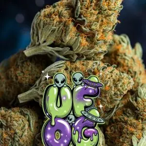 UFOG strain graphic: stack of frosty green buds with orange hairs and trichomes on starry blue background, overlaid with shiny dripping "UFO OG" text in green-purple, cartoon aliens, UFO, and sparkles for a cosmic alien theme.