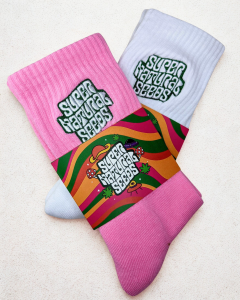 Supernatural Seeds socks pink white organic cotton crew socks embroidered UK 4-10