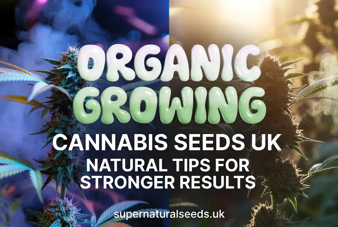 Realistic split-screen image of cannabis plants under cool and warm lighting, promoting organic growing tips for stronger results from Supernatural Seeds UK.