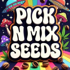 cannabis seed pick n mix seeds retro rainbow sci fi with alien space ships, mushrooms and cannabis seeds