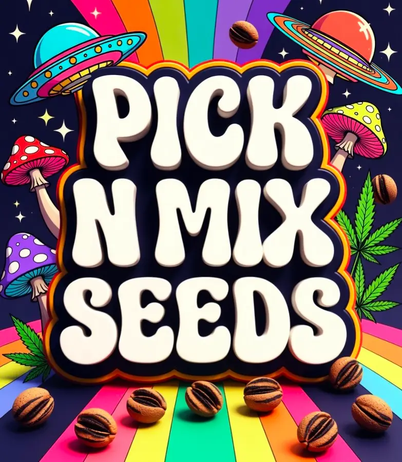 cannabis seed pick n mix seeds retro rainbow sci fi with alien space ships, mushrooms and cannabis seeds