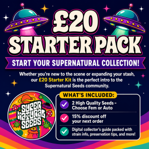 CANNABIS SEED STARTER PACK£20 Supernatural Seeds Starter Pack featuring two high-quality seeds with a choice of feminized or autoflower, 15% off the next order, and a digital collector’s guide. Colourful retro space design with UFOs, rainbow waves and the Supernatural Seeds logo.