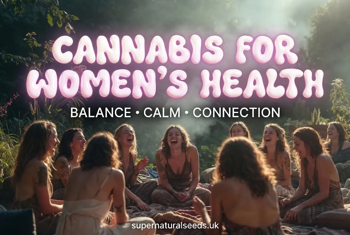 Candid photograph of a diverse group of women relaxing and laughing together in a cozy outdoor garden during golden hour. Warm, supportive atmosphere with soft natural lighting and subtle lifestyle cannabis context. Overlaid premium text: “CANNABIS FOR WOMEN’S HEALTH”, “BALANCE • CALM • CONNECTION”, and supernaturalseeds.uk. Authentic documentary-style blog banner promoting women’s wellness.