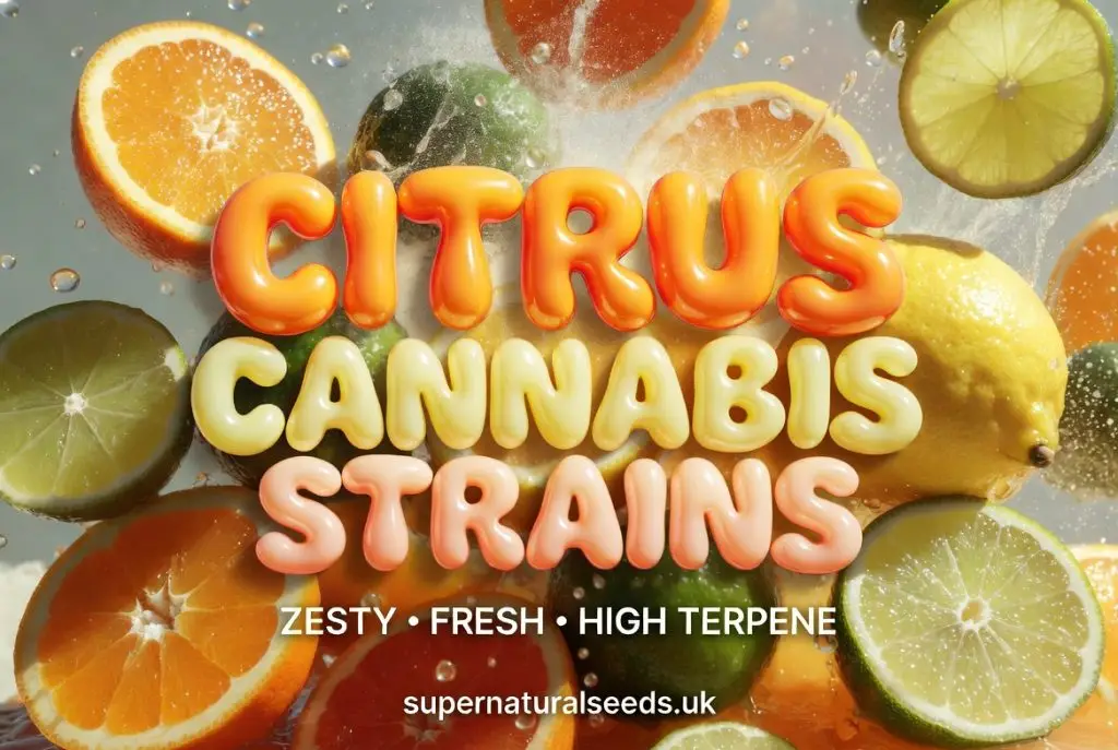 Ultra-realistic studio photograph of vibrant fresh citrus fruits including sliced oranges, lemons, limes, and grapefruit with juicy droplets, glossy peels, and natural textures. Premium blog banner featuring bold glossy text: “CITRUS CANNABIS STRAINS”, “ZESTY • FRESH • HIGH TERPENE”, and supernaturalseeds.uk. Promoting zesty citrus cannabis seed varieties.