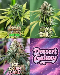 collage of cannabis buds featuring Biscotti Lime, Apple Tart and Ice Cream Cake strains with Dessert Galaxy graphic, showcasing dessert cannabis strains UK with creamy terpene-rich buds