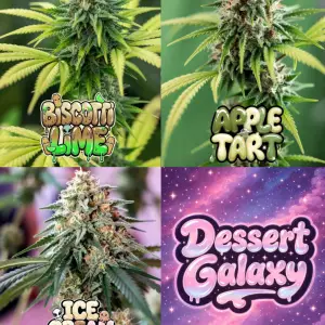 collage of cannabis buds featuring Biscotti Lime, Apple Tart and Ice Cream Cake strains with Dessert Galaxy graphic, showcasing dessert cannabis strains UK with creamy terpene-rich buds