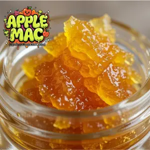 Apple MAC strain cannabis extract diamonds in jar – vibrant orange-amber terpene-rich nuggets with glassy texture, Apple Tart x Miracle Alien Cookies hybrid souvenir collectible from Supernatural Seeds UK