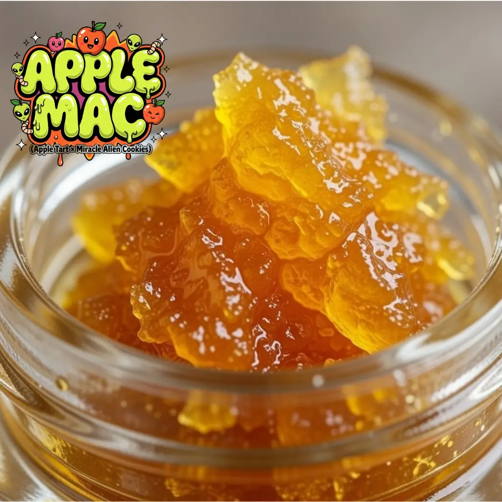 Apple MAC strain cannabis extract diamonds in jar – vibrant orange-amber terpene-rich nuggets with glassy texture, Apple Tart x Miracle Alien Cookies hybrid souvenir collectible from Supernatural Seeds UK