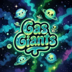 Gas Giants Gassy cannabis seed bundle artwork – cute cartoon planets, aliens, and spaceships in a glowing green galaxy background, featuring the bold Gas Giants text with dripping slime effect, Supernatural Seeds UK gassy strain collection souvenir collectible