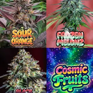 collage of cannabis buds featuring Sour Orange, Frozen Melonz and Black Cherry Crush strains with Cosmic Fruits graphic, showcasing fruity cannabis strains UK with colourful terpene-rich buds