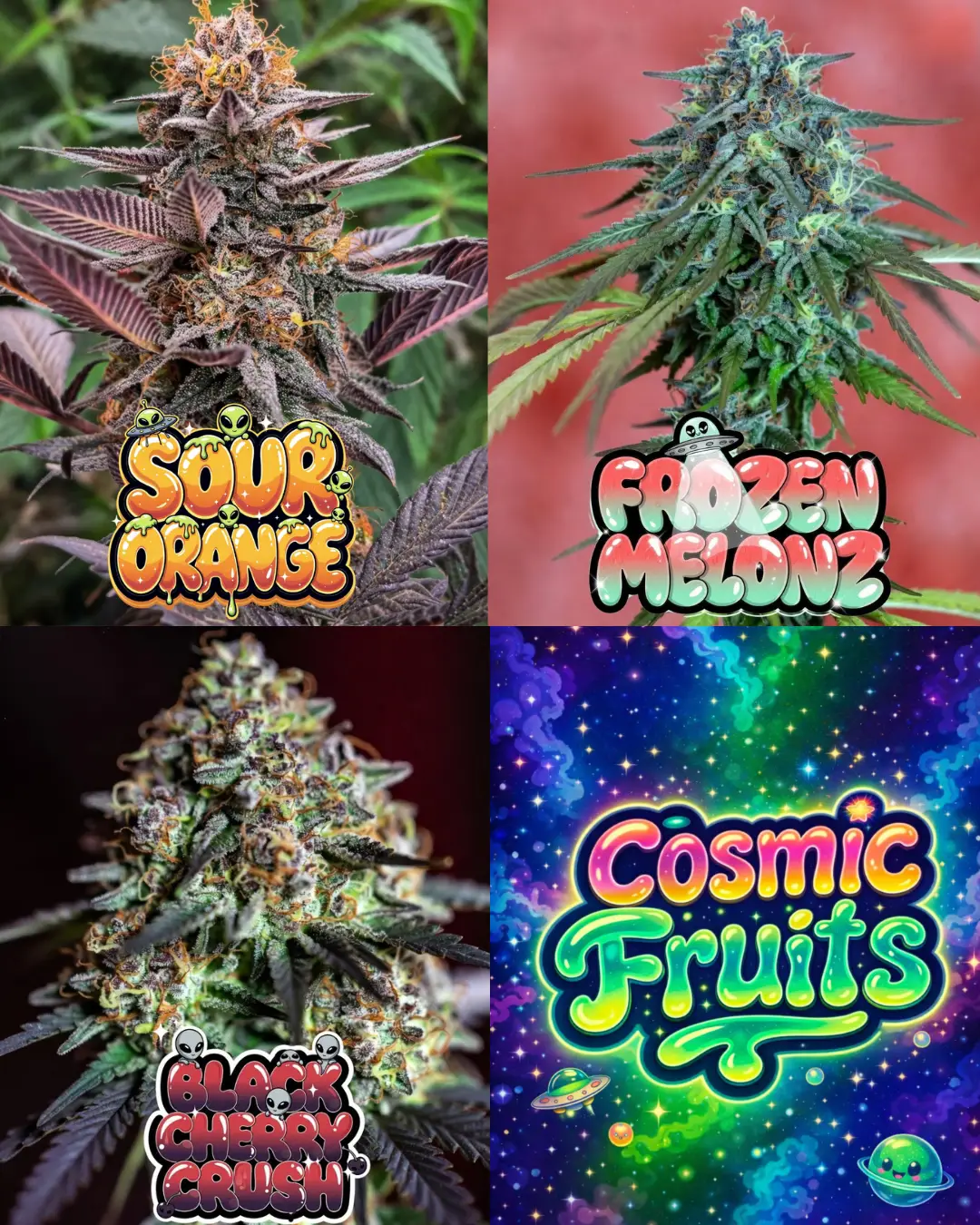 collage of cannabis buds featuring Sour Orange, Frozen Melonz and Black Cherry Crush strains with Cosmic Fruits graphic, showcasing fruity cannabis strains UK with colourful terpene-rich buds