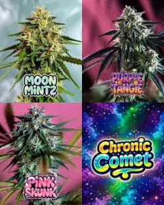 collage of cannabis buds featuring Sour Orange, Frozen Melonz and Black Cherry Crush strains with Cosmic Fruits graphic, showcasing fruity cannabis strains UK with colourful terpene-rich buds