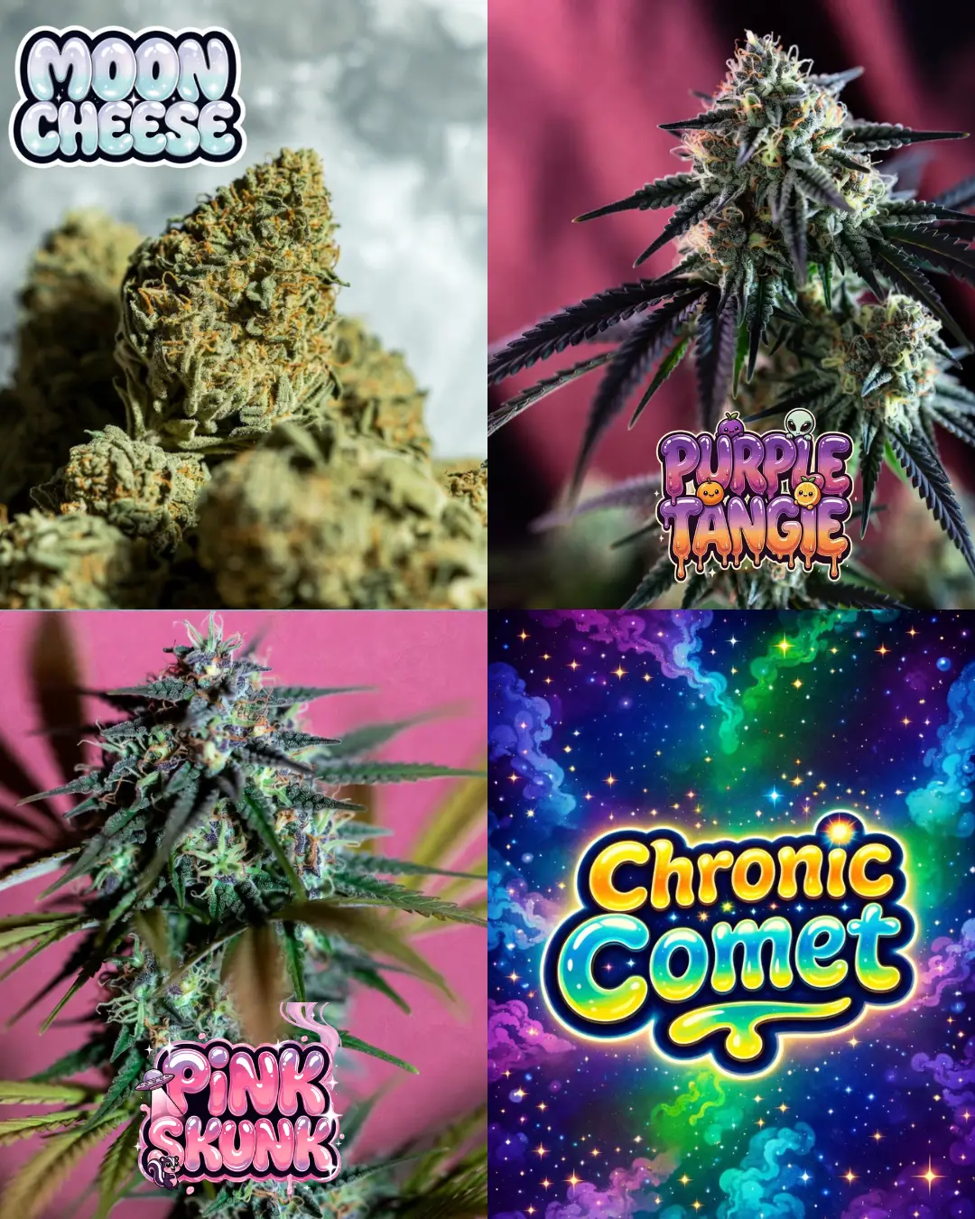 chronic comet cannabis seed mix autoflower cannabis seed bundle featuring moon cheese, purple tangie, pink skunk strains