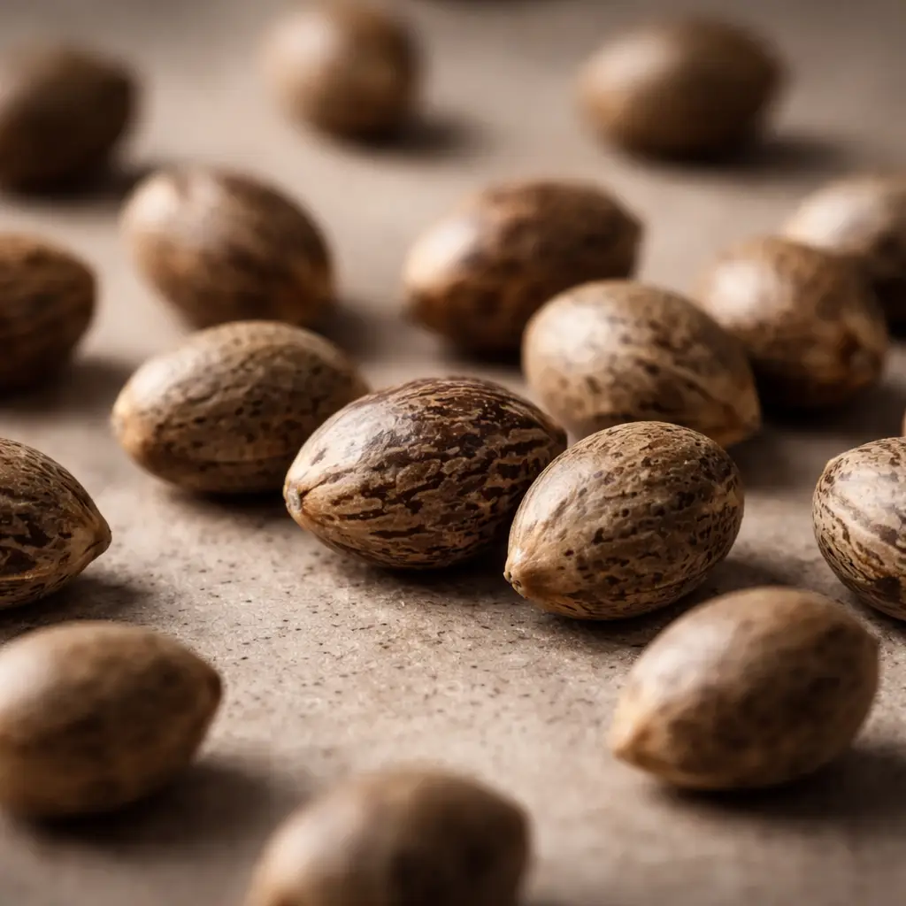 Close-up macro photograph of cannabis seeds scattered on a neutral surface, showing detailed textures, natural patterns, and ridges with soft studio lighting and a blurred background