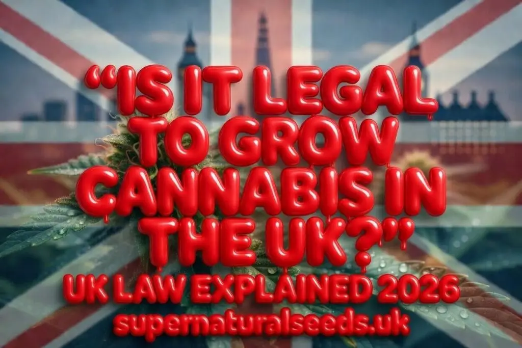 Is it legal to grow cannabis in the UK? UK law explained 2026. Professional banner from Supernatural Seeds featuring bold red bubble text over realistic cannabis leaves and subtle Union Jack background.