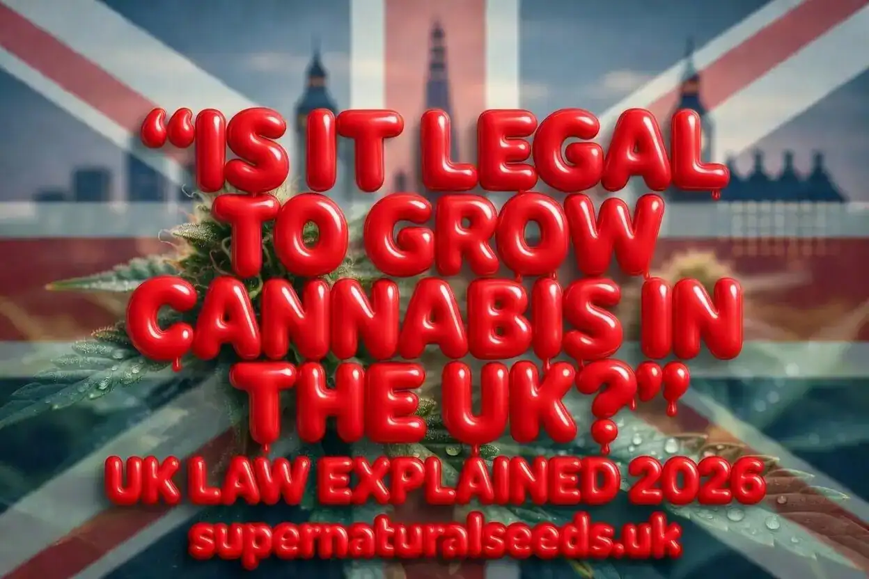 Is it legal to grow cannabis in the UK? UK law explained 2026. Professional banner from Supernatural Seeds featuring bold red bubble text over realistic cannabis leaves and subtle Union Jack background.
