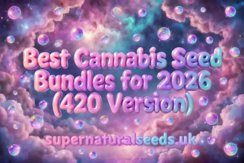 Best cannabis seed bundles UK 2026 banner with pastel galaxy background, glossy pink text and cosmic cloud design promoting 420 deals from Supernatural Seeds