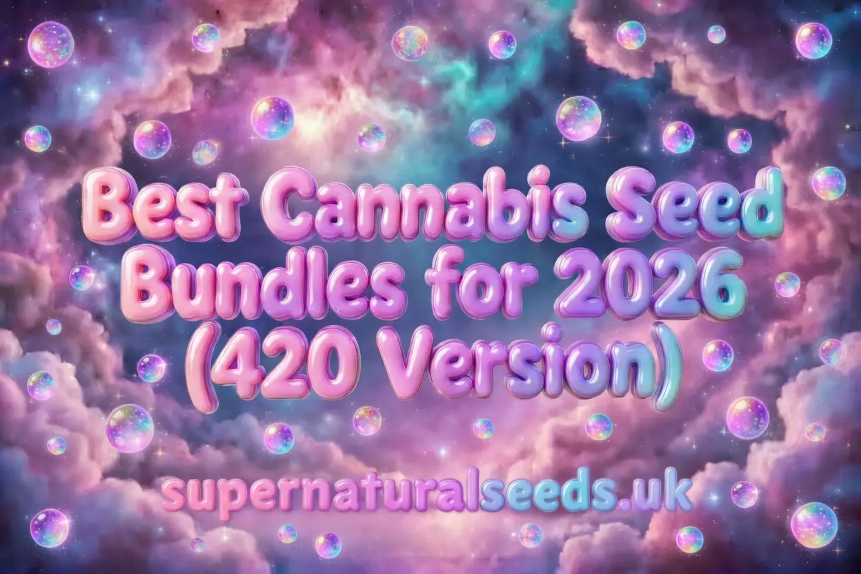 Best cannabis seed bundles UK 2026 banner with pastel galaxy background, glossy pink text and cosmic cloud design promoting 420 deals from Supernatural Seeds