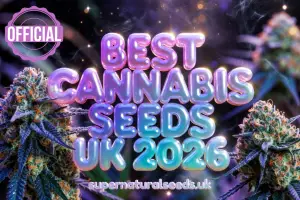 Best cannabis seeds UK 2026 banner with 3D bubble text, frosty cannabis buds, purple and turquoise glow, and Supernatural Seeds UK branding