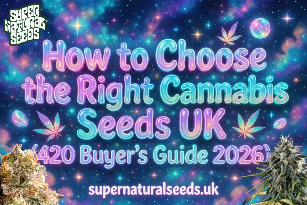 how to choose cannabis seeds UK 2026 banner with pastel galaxy background, colourful glowing text and cannabis plants promoting 420 buyer’s guide from Supernatural Seeds