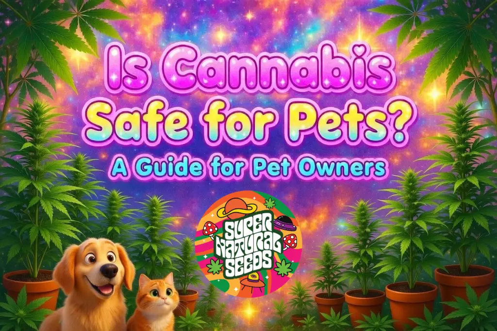 is cannabis safe for pets UK banner with colourful galaxy background, dog and cat next to cannabis plants and guide for pet owners text