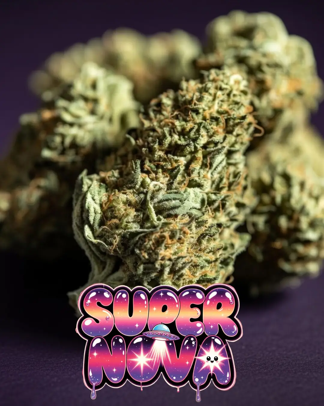 Supernova autoflower cannabis buds with frosty trichomes and dense structure close-up