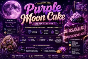 Purple Moon Cake strain guide banner featuring a glowing purple moon, dripping purple cake dessert artwork, berry frosting details, cosmic purple clouds and bold neon typography promoting Moonberry Pie Γ Space Cake feminized cannabis seeds from Supernatural Seeds UK.