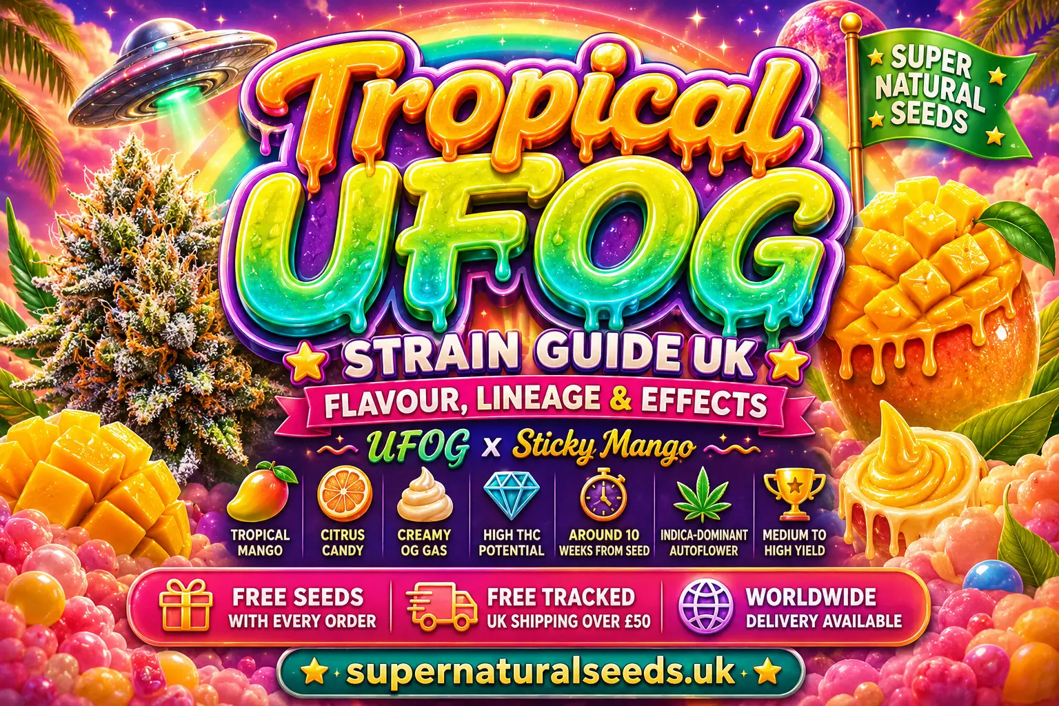 tropical UFOG strain guide UK banner featuring colourful tropical mango artwork, rainbow candy typography, UFO graphics, frosty cannabis buds and vibrant tropical dessert visuals promoting UFOG × Sticky Mango autoflower cannabis seeds from Supernatural Seeds UK.