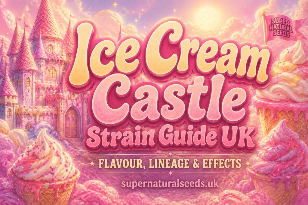 Ice Cream Castle Strain Guide UK banner featuring a pastel pink fantasy ice cream castle with creamy dessert visuals, melting ice cream cones, candy clouds and retro bubble typography in soft pink and yellow tones.
