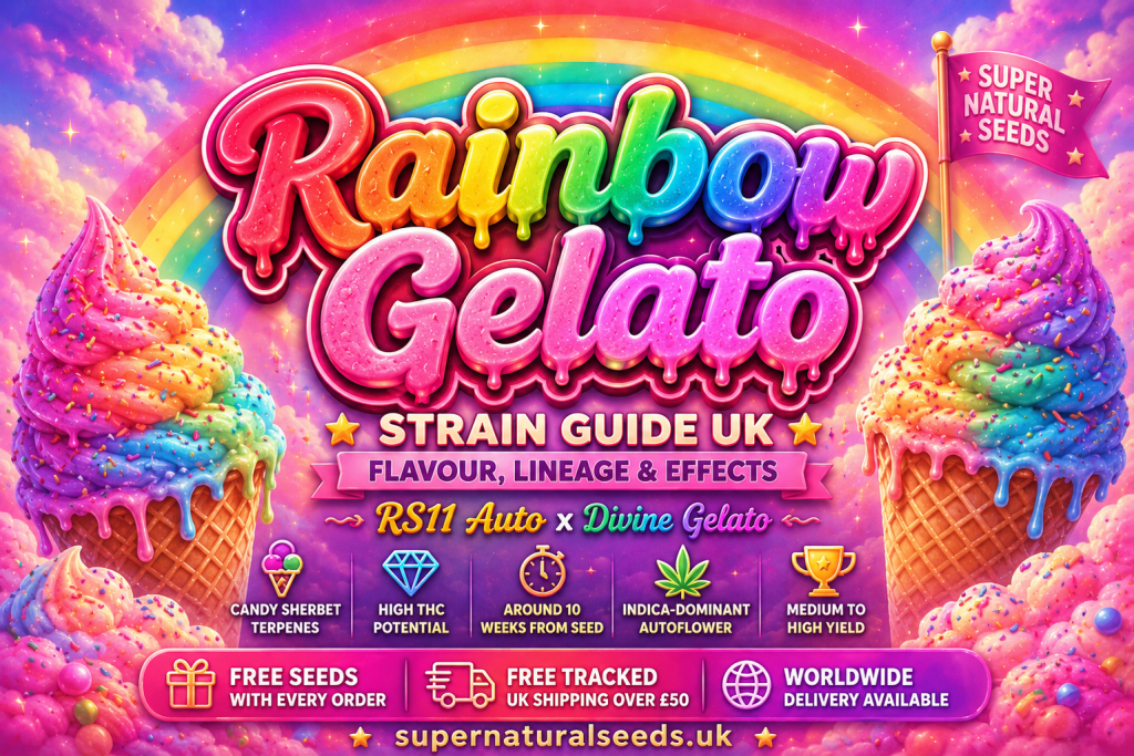 Rainbow Gelato strain guide banner featuring colourful rainbow ice cream graphics, pastel candy clouds, dripping rainbow typography and dessert-themed artwork promoting RS11 Auto × Divine Gelato autoflower cannabis seeds from Supernatural Seeds UK.