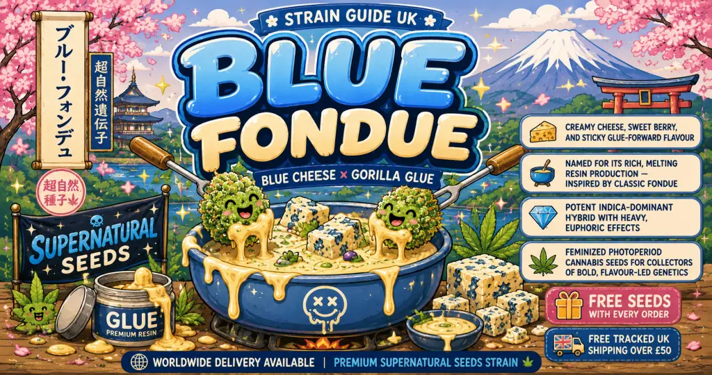blue fondue strain guide for blog showing cheese fondue with cannabus nugs being dipped in, boxes of information about the strain on the side