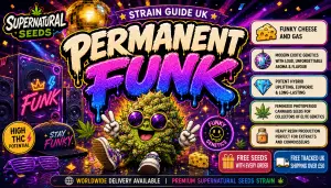 Permanent Funk strain guide UK banner featuring vibrant disco-funk artwork with neon graffiti typography, funky cheese and gas theme, cartoon cannabis mascot wearing sunglasses, disco ball lighting, colourful speakers, glowing club visuals and retro psychedelic styling promoting Permanent Marker Γ Blue Fondue feminized cannabis seeds from Supernatural Seeds UK
