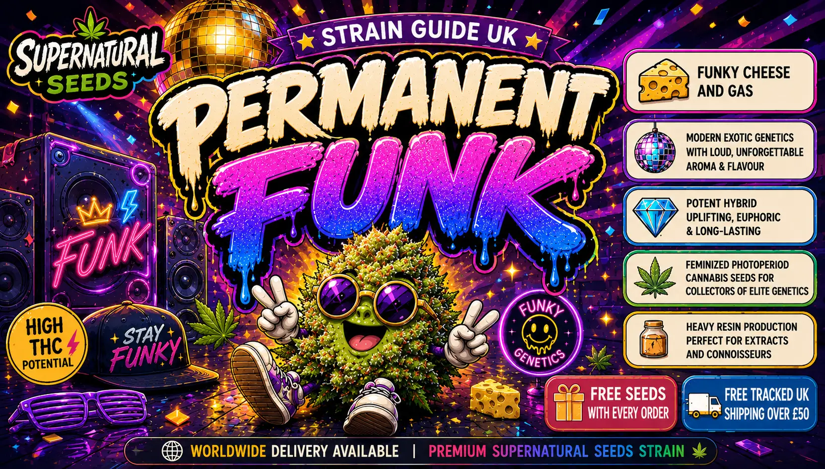 Permanent Funk strain guide UK banner featuring vibrant disco-funk artwork with neon graffiti typography, funky cheese and gas theme, cartoon cannabis mascot wearing sunglasses, disco ball lighting, colourful speakers, glowing club visuals and retro psychedelic styling promoting Permanent Marker × Blue Fondue feminized cannabis seeds from Supernatural Seeds UK