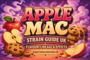 apple mac strain guide uk banner with retro 70s style cartoon design, featuring apples, cookies, creamy drizzle and purple smoke background, highlighting flavour lineage and effects for supernatural seeds