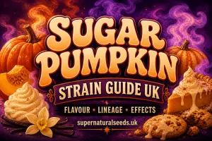 sugar pumpkin strain guide uk banner featuring pumpkins, creamy dessert frosting, vanilla and baked treats with purple smoke in a retro 70s supernatural style showing flavour, lineage and effects for cannabis seedsuk