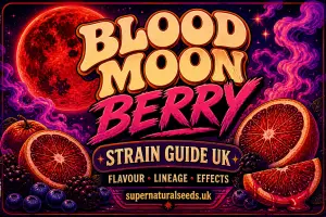 blood moon berry strain guide uk banner with retro 70s 80s psychedelic style, glowing red blood moon, sliced blood oranges and dark berries with purple cosmic smoke, bold vintage typography showing flavour lineage and effects