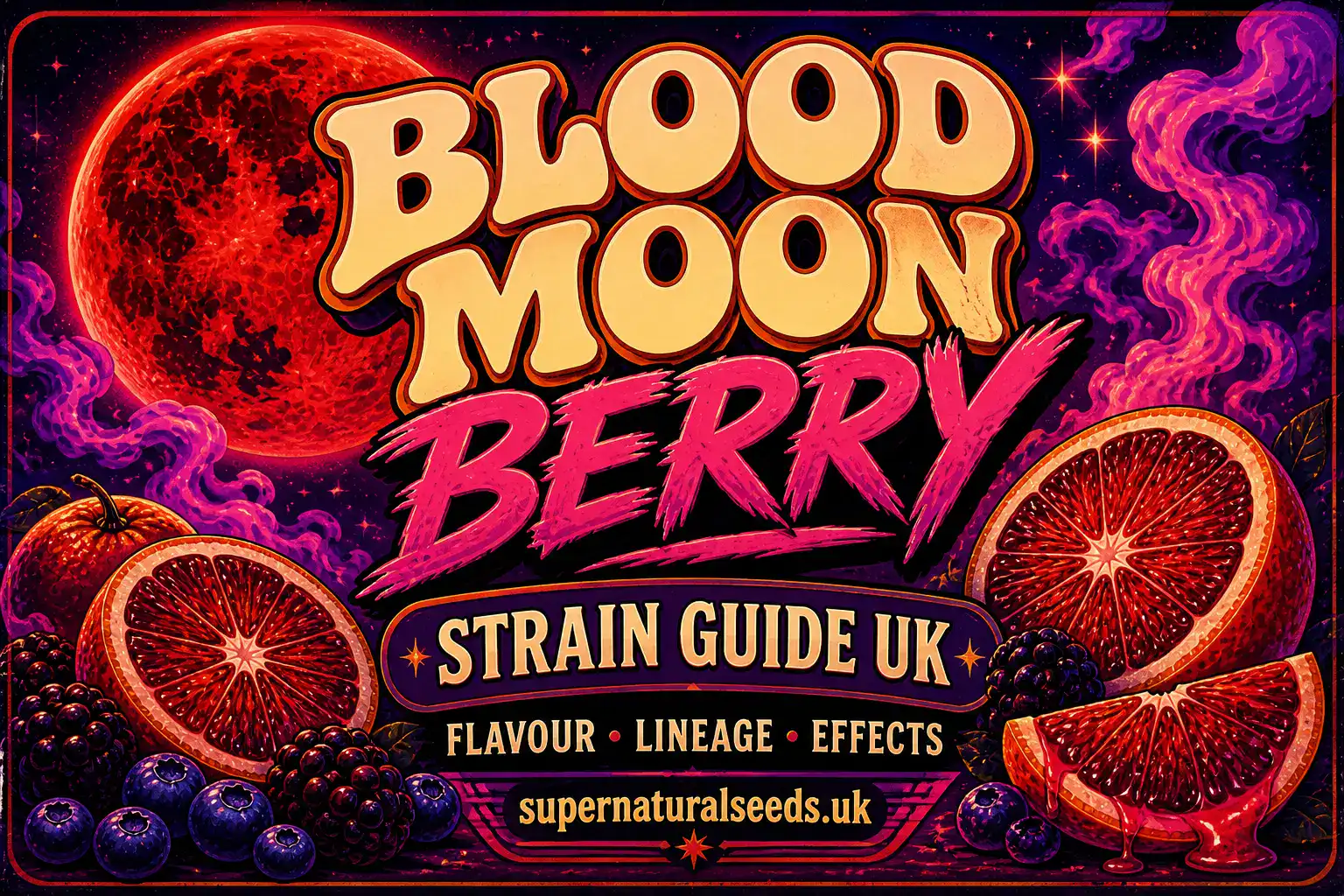 blood moon berry strain guide uk banner with retro 70s 80s psychedelic style, glowing red blood moon, sliced blood oranges and dark berries with purple cosmic smoke, bold vintage typography showing flavour lineage and effects