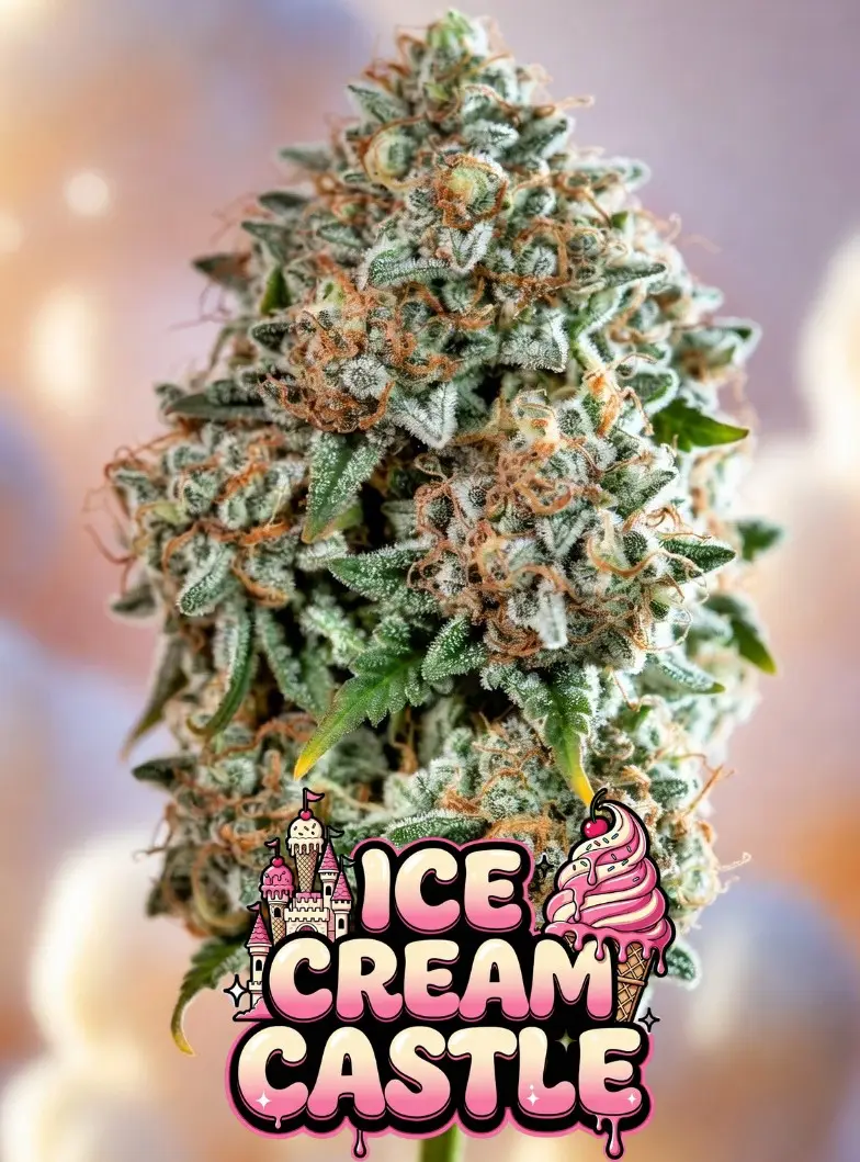Ice Cream Castle cannabis strain close-up featuring frosty resin-covered buds with creamy dessert terpenes and premium breeder-style macro photography. Pink Ice Cream Castle logo overlay with soft pastel background and trichome-rich flower detail.