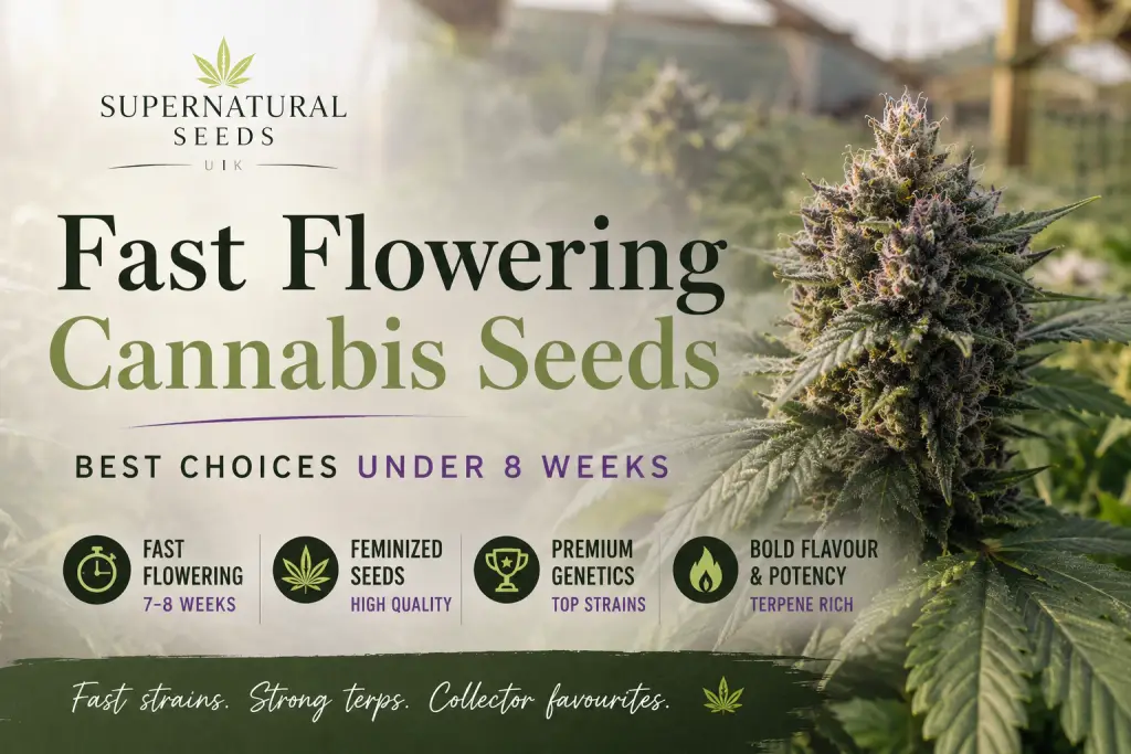 Fast flowering cannabis seeds banner featuring a natural cannabis plant background, soft green tones and Supernatural Seeds UK branding.