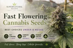 Fast flowering cannabis seeds banner featuring a natural cannabis plant background, soft green tones and Supernatural Seeds UK branding.