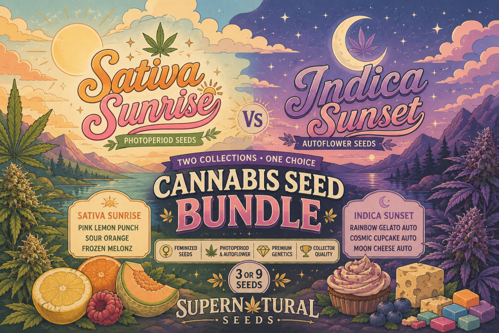 Sativa Sunrise vs Indica Sunset cannabis seed bundles illustration featuring a soft retro day-and-night landscape, photoperiod and autoflower collections, fruity citrus and melon details, dessert flavours, cannabis plants and Supernatural Seeds branding.