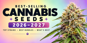 Best Cannabis Seeds UK 2026–2027 blog banner featuring a colourful selection of popular cannabis seed varieties and premium seed bundle branding from Supernatural Seeds.