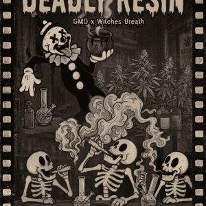 Deadly Resin cannabis seeds — vintage horror poster with a clown, cauldron, and skeletons smoking, for Supernatural Seeds' GMO x Witches Breath strain.
