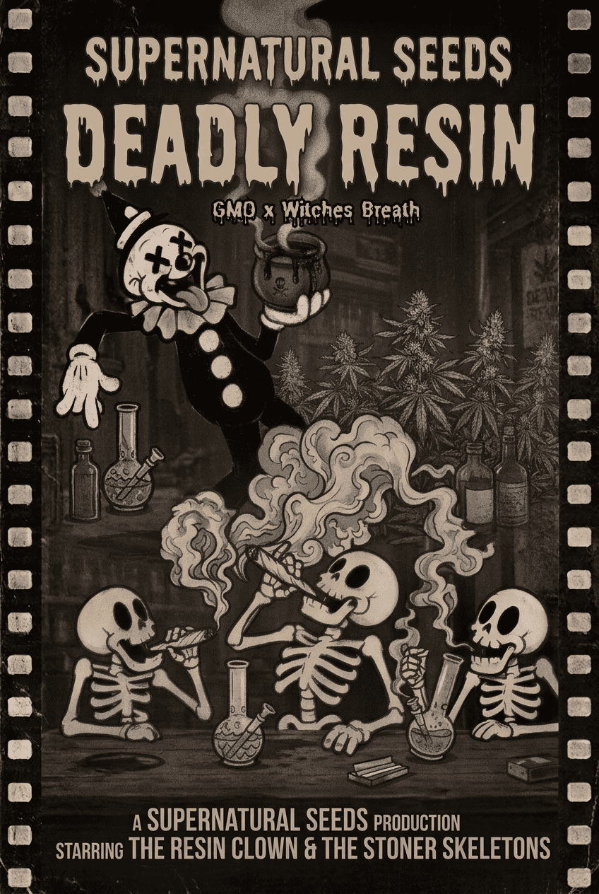 Deadly Resin cannabis seeds โ vintage horror poster with a clown, cauldron, and skeletons smoking, for Supernatural Seeds' GMO x Witches Breath strain.